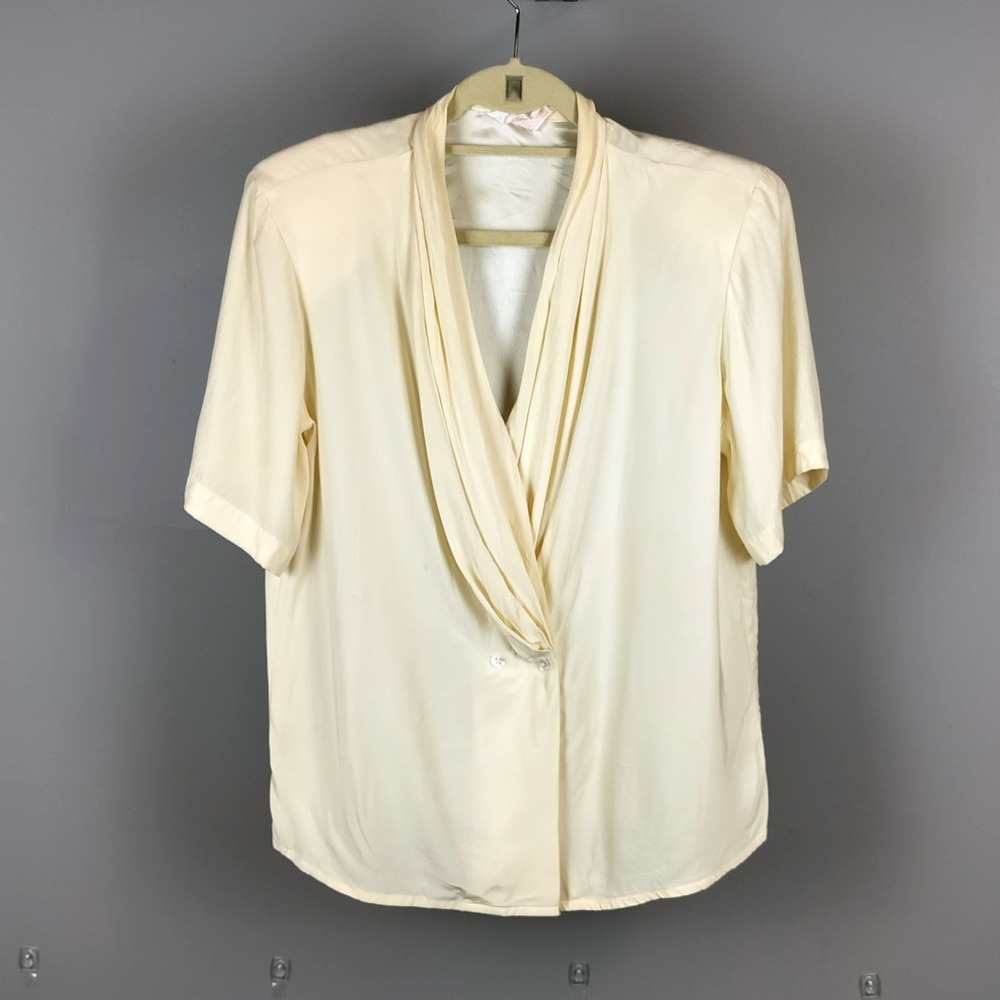 Vintage Silk Draped Shawl Collar Blouse Womens Cream 80s ILGWU Union Made - Picture 2 of 6